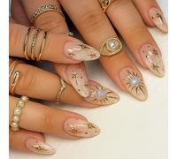 24Pcs Celestial Marble Star Press On Nails - Nude Almond Shape False Nails with Gold Accents - Gelly Adhesive Tabs for Salon-Quality Stick On Art