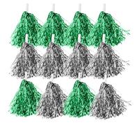 24pcs Cheerleader Pom Poms with Handle PET for Cheering Dancing Match | Silver Green Colours, Visual Tactile Stimulation, Comfortable Grip, School Sports Events and Party Use