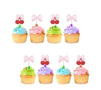 24pcs Cherry Bow Cupcake Toppers, She's The Cherry On Top Cupcake Toppers, Pink Glitter Bowknot Cherry Cupcake Picks for Baby Shower, Baby Girl 1st Birthday Party Supplies