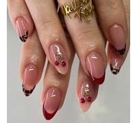 24PCS Cherry French Tip False Nails - 3D Flower & Leopard Print Design, Short Almond Shape, ABS Material with Jelly Adhesive Tabs, Ideal for Weddings, Dates, Office & Dinner Parties