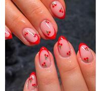 24PCS Cherry French Tip Press On Nails Short Round - Nude Pink False Nails With Red Edge And Fruit Design, 12 Sizes With Jelly Adhesive Tabs - Fake Nails For Women Girls DIY Nail Art