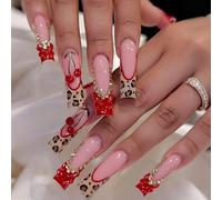 24PCS Cherry Leopard Fusion Press on Nails - Berry Rouge Highlight Leopard French Art Design - Wild Retro Statement Nails Playful Red Accent Chic Jungle Glam Style
