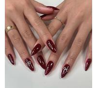 24Pcs Cherry Red False Nails - Almond Press on Nails Long in 12 Sizes - False Nails Almond Shape with Bowknot Pattern - Glossy Solid Colour Burgundy Fake Nails with Glue