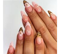 24PCS Chic French Mix Design Press On Nails - Soft Pink French Tips with Bold Leopard Print, Full Coverage False Nails Kit, 12 Sizes, Builder Gel Fake for Women And Girls