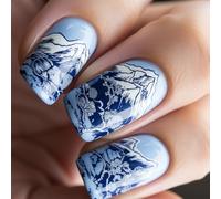 24Pcs Chinese Landscape Nails Art Set Press On Full Covers Acrylic False For Celebrating Independence Day Outdoor Event Nail