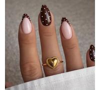 24PCS Chocolate Brown Press On Nails - French Tips Polka Dot Sheer Cream Pink Base Soft Vintage - Chic Contrast for Women Daily Wear Party Special Occasions