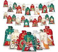 24Pcs Christmas Advent Calendar Bags, DIY Advent Calendar Polyester Bag with Numbers Sticker, Clip, Drawstring, Advent Bags for DIY Christmas Home Decorations, Fill Yourself for Gift Packaging