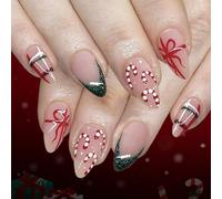 24Pcs Christmas Almond Press On Nails - Red Ribbon & Candy Cane Holiday Design Short False Nails, Green Glitter French Tip Stick On for Women Winter Party Look, Reusable DIY Kit