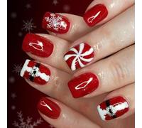 24PCS Christmas Artificial Nails Santa Snowflake Glitters Theme ABS Press on for Holiday Parties Gatherings Red Christmas