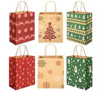 24pcs Christmas Bags with Handle, Christmas Kraft Paper Wrapping Bags Bulk Christmas Trees Snowflakes Reindeer Christmas Pattern Bags for Christmas Holiday Party Favors