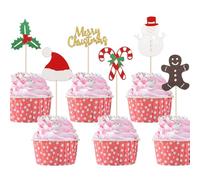 24pcs Christmas Cupcake Toppers, 6 Style Christmas Theme Cake Topper with Gingerbread Man Snowman Candy Cane Santa Hat Holly Leaves and Berry Decorative Element for Xmas Party Cake Decor