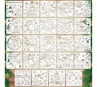 24pcs Christmas Drawing Stencils, 5.12x5.12in Reusable Xmas Template for Painting Santa Claus Design Snowman Reindeer Jingle Bell DIY Merry Christmas Ornament Stencil for Painting Crafts Making