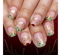 24PCS Christmas Fake Nails Golden Glitters Reindeer Leaf Design ABS Artificial Nails For Holiday Party Quick Wear Reindeer Fake Nail ABS Tool
