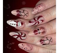 24Pcs Christmas False Hoofs With Sparkling Rose Fan Candy Stick & Deer Designs ABS For Holiday Party Art ABS Permanent Christmas Unguis Decorations