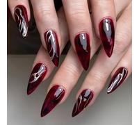 24PCS Christmas False Nail Medium,Crimson Dark Red Press on Nails for Women,Vampire Glossy Burgundy Marble with Silver Swirls Nails Halloween Elements,Wearable Stick on Nail Art for Girls