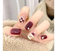 24Pcs Christmas False Nails Burgundy Red Short Square Press-on Cute Santa Pattern Checkerboard Acrylic Full Cover Stick-on for Christmas Nail Art Accessories