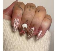 24Pcs Christmas False Nails, Medium Length Almond Press on Nails Candy & Bows Designs Glue on Nails, Cute Xmas Tree Snowman Acrylic Fake Nails, Reusable Nude Pink Stick on Nails for Women and Girls