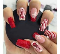 24Pcs Christmas False Nails Medium - Square French Press on Nails Red Christmas Tree Snowflake Stick on Nails - Acrylic Full Cover Fake Nails for Women Girls Nail Art Accessories