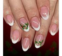 24pcs Christmas False Nails,Nude Press on Nails French Tip,Short Almond French Tip Stick on nails,Christmas Holly & Glitter Golden Edge Design Stick On Nails,Xmas Glitter Fake Nails Festival Holiday