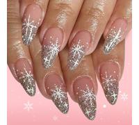 24pcs Christmas False Nails Press on Nails with Glitter Silver & Snowflake