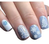 24Pcs Christmas False Nails - Press on XMAS Nails - Blue White Fake Nails with Snowflakes, Trees & Glitter - includes Gel Stickers AND Nail Glue XMAS03