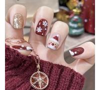 24Pcs Christmas False Nails - Press on XMAS Nails - Red White Fake Nails with Santa, Gold Glitter & Snowflakes (XMAS11)
