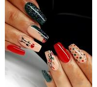 24Pcs Christmas False Nails Short, Colorful Elk Press on Nails, Removable Glue-on Nails with Adhesive Tabs, Acrylic Full Cover Fake Nails for Women Girls Nail Art Accessories