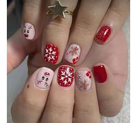 24Pcs Christmas False Nails - Short Square Christmas Press on Nails - Christmas Fake Nails with Xmas Snowflake & Gingerbread Man Design - - Long-lasting Decoration for Women