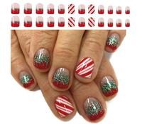 24Pcs Christmas False Nails Short Square Glitters Press On Nails For Women Girls Holiday Nails Art Decoration