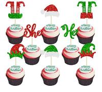 24Pcs Christmas Gender Reveal Cupcake Toppers Green Red Glitter He or She Elf Legs Cupcake Picks for Merry Christmas Gender Reveal Theme Baby Shower Birthday Party Cake Decorations Supplies