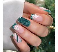 24PCS Christmas Glitters Press On Nails French Green Design Fake Nails For Holiday Parties Wear Easy Application Fake Nail