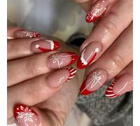 24Pcs Christmas Glitters Press On Nails Red Stripe French Design Snowflake Pattern False Nails For Holiday Parties Stripe Press On Nail