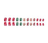 24Pcs Christmas Holly Green Glossy Glitters False Short Square Snowflake Stick On Manicure Christmas