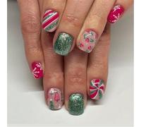 24Pcs Christmas Holly Press on Nails Green Glossy Glitters False Nails Short Square Snowflake Stick on Nails Manicure