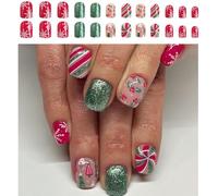 24Pcs Christmas Holly Press On Nails Green Glossy Glitters False Short Square Snowflake Stick On Manicure Nail Accesories