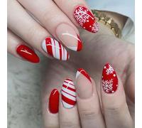 24PCS Christmas Long Almond Press On Nails - Red & White Stripe with Snowflake Design, ABS Material False Nails with Jelly Adhesive for Christmas Party, Holiday Dinner & Gift for Women Girls