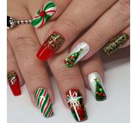 24PCS Christmas Long False Nails with Glue Stickers,Coffin Full Cover Acrylic Press on Nails no Glue,Red Green Snowflake French Fake Nails for Women and Girls Nail Art