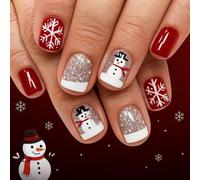 24Pcs Christmas Nails With Glue, French Tip False Nails with Glue,Red False Nails, Short Square Press On Nails with Snow and Glitter, Full Cover Fake Nail for Women Girls Party