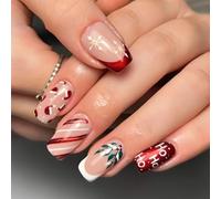 24Pcs Christmas Nails With Glue, Red False Nails, Short Square Press On Nails with Stripes, Letters, Snowflakes, Holly Berries & Christmas Hat, Full Cover Fake Nail for Women Girls Party