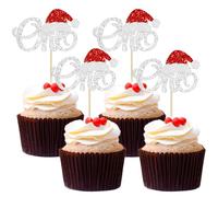 24Pcs Christmas One Cupcake Toppers Glitter Xmas Santa Hat First Birthday Cake Topper Decorations for Christmas Theme Baby Shower Kids 1st Birthday Party Supplies Silver