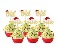 24Pcs Christmas One Cupcake Toppers Gold Glitter First Birthday Party Cupcake Picks Baby Shower Christmas Theme 1st Birthday Party Cake Decorations Supplies