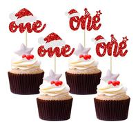 24Pcs Christmas One Cupcake Toppers Red Glitter First Birthday Party Cupcake Picks Baby Shower Christmas Theme 1st Birthday Party Cake Decorations Supplies