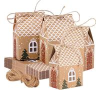 24PCS Christmas Party Gift Boxes, Christmas Boxes for Gifts, House Shaped Candy Box, Kraft Paper Treat Candy Box Gift Packaging Decor for Kids Party Supplies, Brown (2.75 x 1.77 x 3.93 inch)