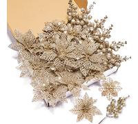 24Pcs Christmas Poinsettia Artificial Flowers and Berries Stems Kit, 16Pcs Glitter Christmas Tree Flowers Ornaments with Stems and 8 Pack Christmas Tree Picks for Wedding Xmas Holiday Decor(Champagne)