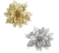 24PCS Christmas Poinsettia Artificial Flowers Decorations 5.5" Christmas Tree Wreaths Garland Decoration 2 colors, 12 Pcs of each Glitter Flowers Decor with Clips & Stems for Xmas, Gold Silver