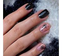 24Pcs Christmas Press on Nails Black Snowflake Short Square Glossy False Nails Snow Stick on Fingernails Silver Glitter Acrylic Fake Nail Snowflakes for Women Manicure Xmas Gift