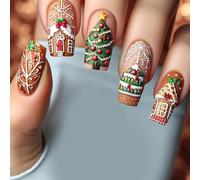 24pcs Christmas Press On Nails Chocolate House False Snowflake Designs Acrylic Art For Holiday Party Easy Apply Nails
