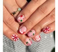 24PCS Christmas Press on Nails,Cute Xmas Short Fake Nails with Christmas Hat and Candy Design,Unique Glossy False Nails with Christmas Elements for Women or Girls(Style-2)