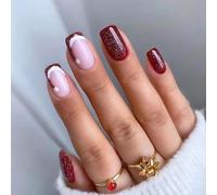 24PCS Christmas Press on Nails,Cute Xmas Short Fake Nails with Christmas Hat Design,Unique Fingernails with Shinny Glitter,Lovely Square Glossy Full Cover False Nails for Women or Girls