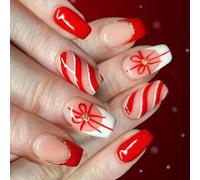 24PCS Christmas Press On Nails French Glitter Snowflake Tips Holiday Women Party Manicure Striped Gift Ribbon Fake Nail